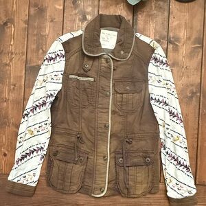 Free People Brown Utility Jacket with Patterned Sleeves